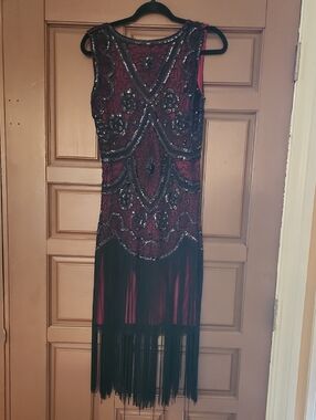 Beaded Fringe Cocktail Dress - Crimson/Black